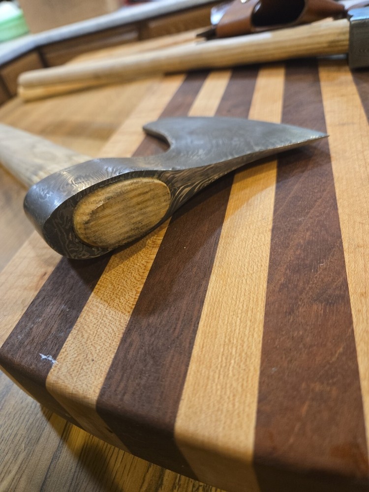 Hand forged Damascus bearded throwing axe