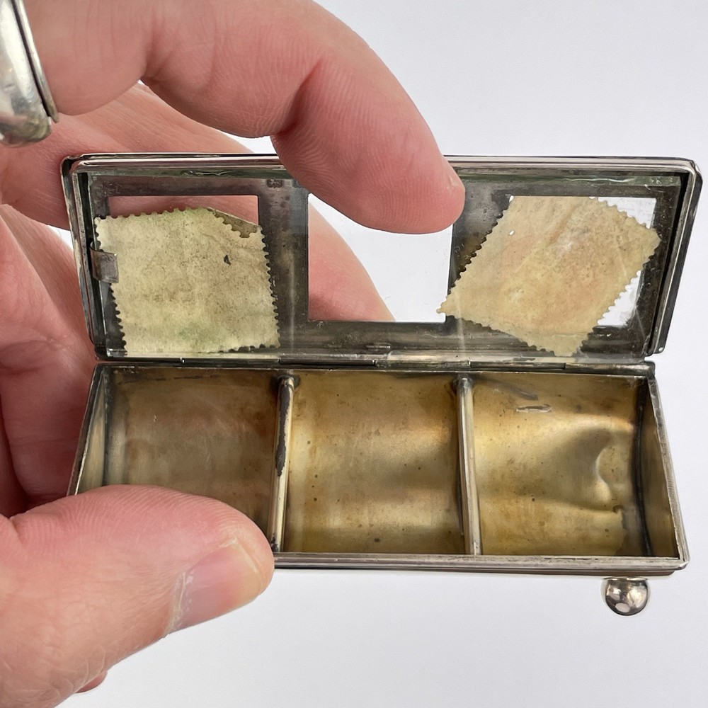 Antique Solid Sterling Silver Triple Stamp Case / Box Cohen & Charles 1913 8cm