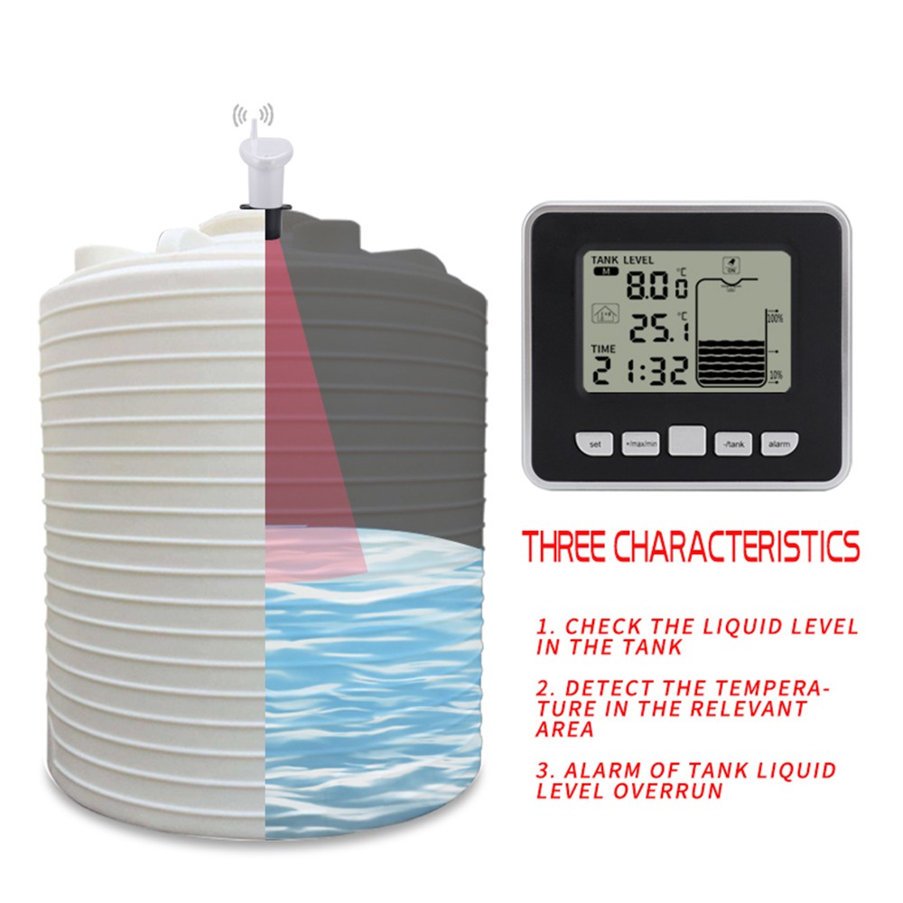 FT002 Ultrasonic Water Tank Liquid Level Meter + Temperature Sensor Time Display