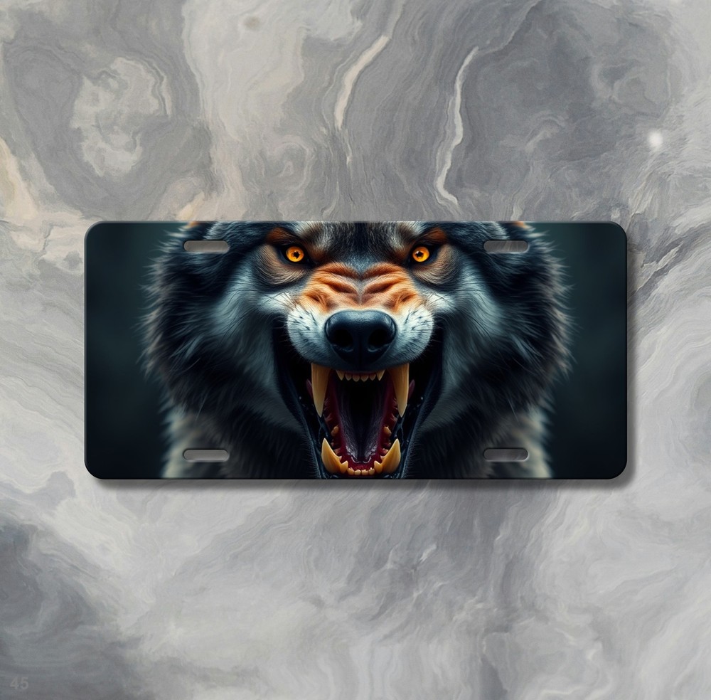 Hyperrealistic Wolf License Plate with Fangs Custom Front Plate Gift Idea