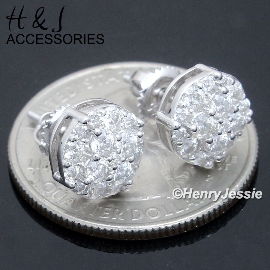 MEN SOLID 925 STERLING SILVER BLING MOISSANITE 9MM 3D ROUND STUD EARRING*AME261