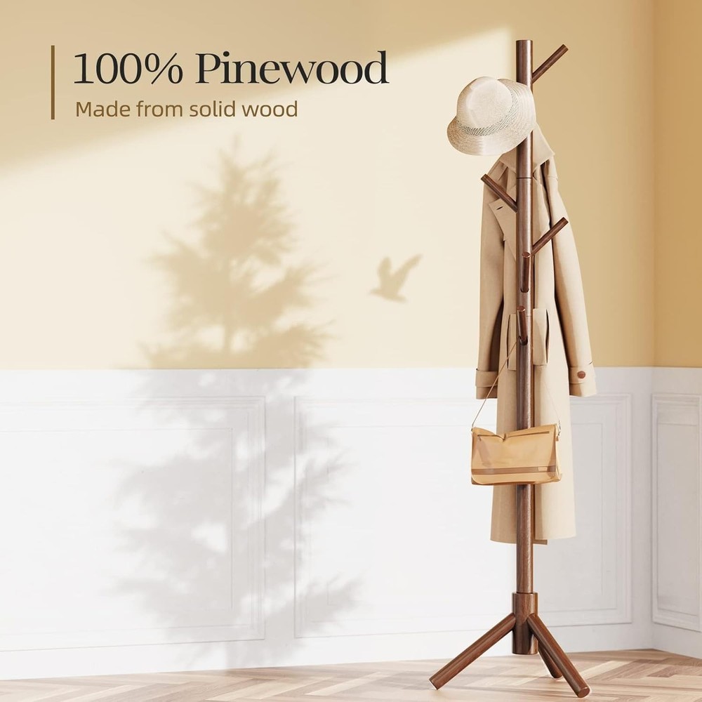 Freestanding Wooden Coat Tree - Stylish Storage Solution with Adjustable Height
