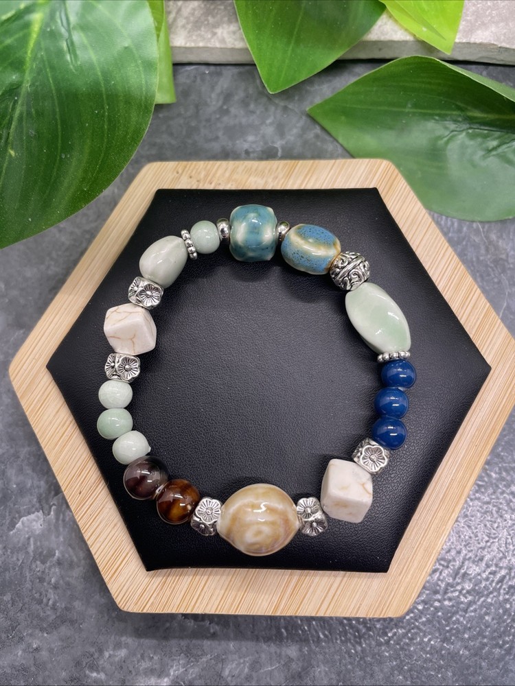 Handmade Ceramic Bead Beaded Stackable 6.5” Plus Stretch Bracelet New B333