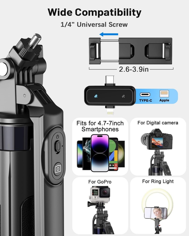 Vlogging Kit for iPhone/Android, 71" Selfie Stick Tripod iPhone Black