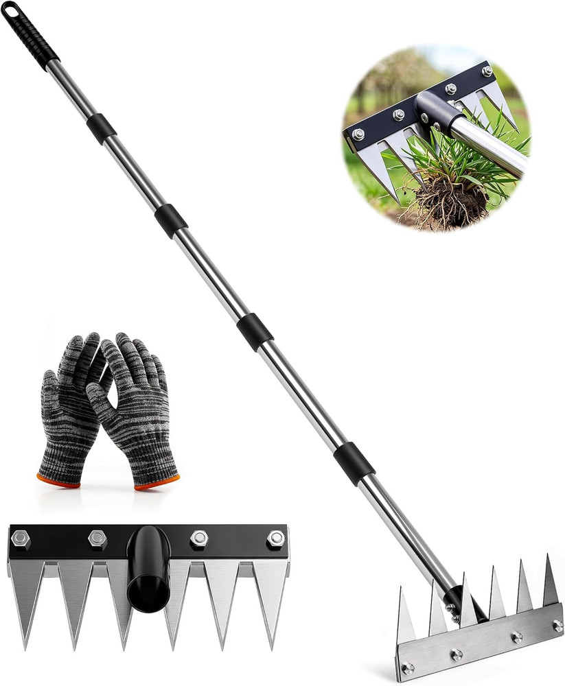 Iron Weed Rake with 71" Adjustable Long Handle, 6 Teeth Manual Weed Remover Tool