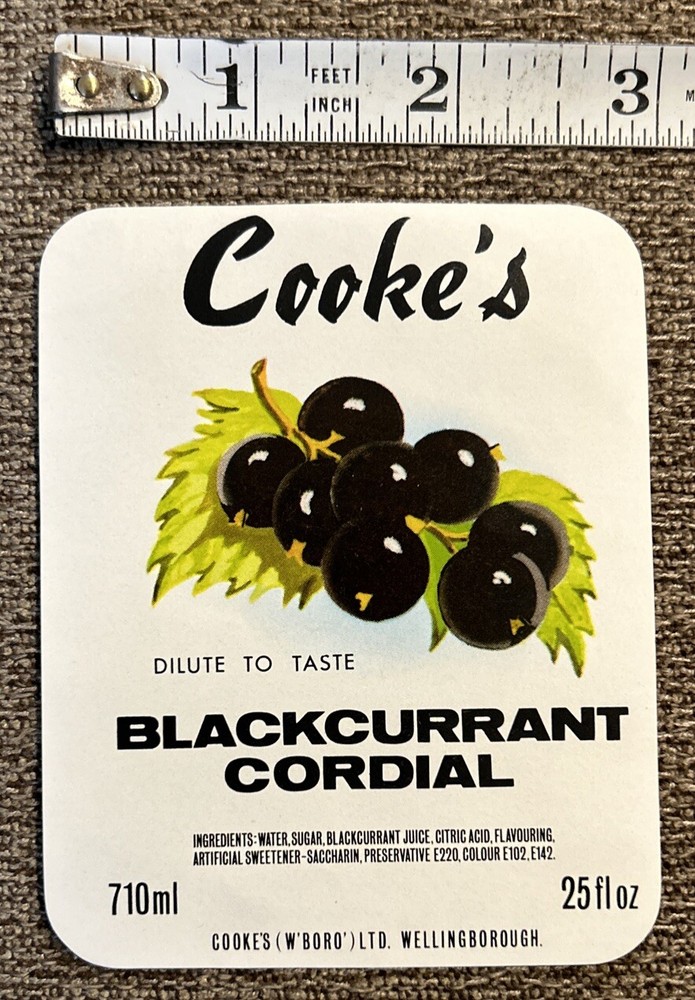 VINTAGE COOKE’S BLACKCURRANT CORDIAL 25 OZ. BOTTLE LABEL, WELLINGBOROUGH
