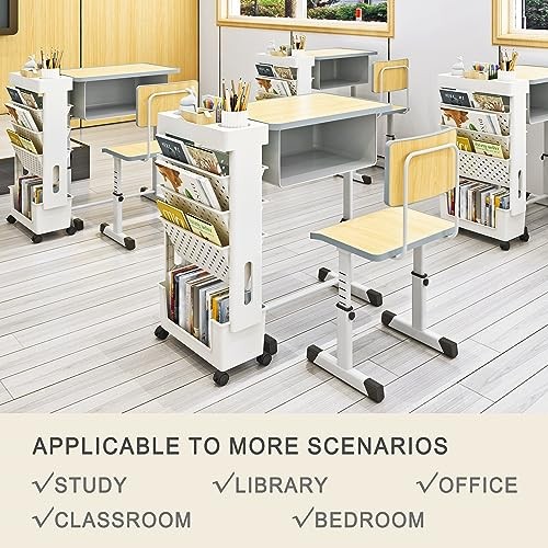 Mobile Bookshelf, Rolling Bookcase Book Storage Rack, Movable 5-Tier White