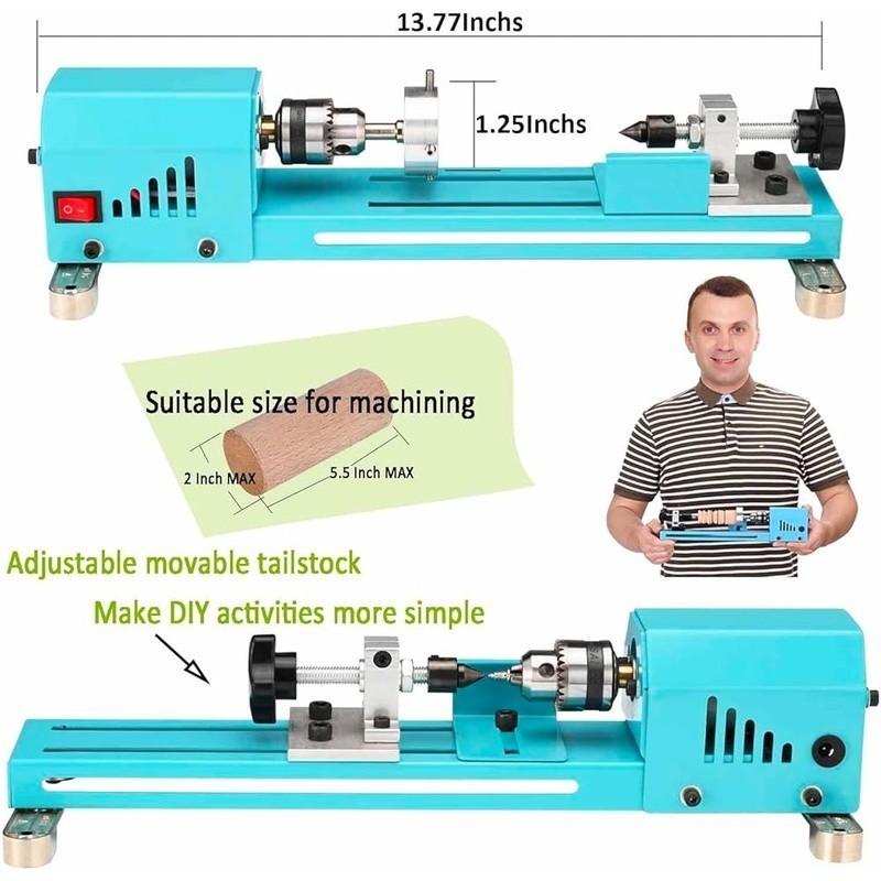 Mini Woodworking Lathe HSS Tools Adjustable Chuck Easy DIY Multi-purpose New