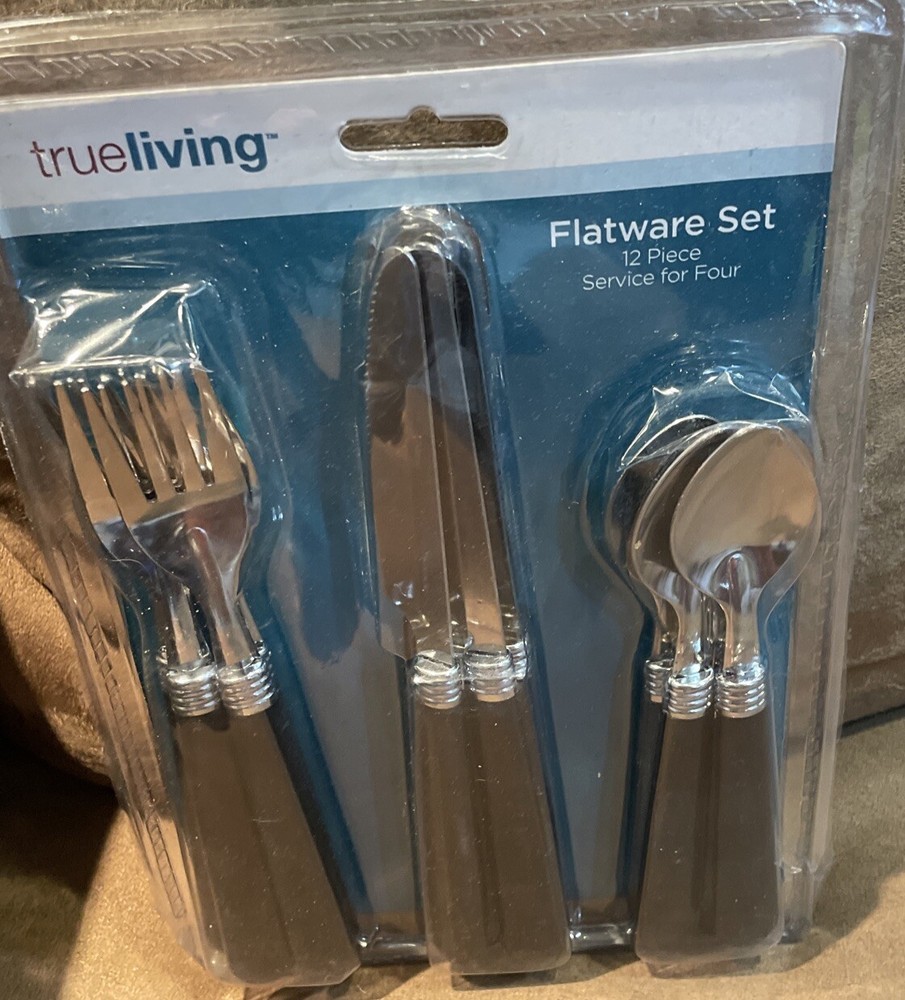 TRUE LIVING FLATWARE SET SERVICE FOR 4 -12pcs BLACK HANDLES