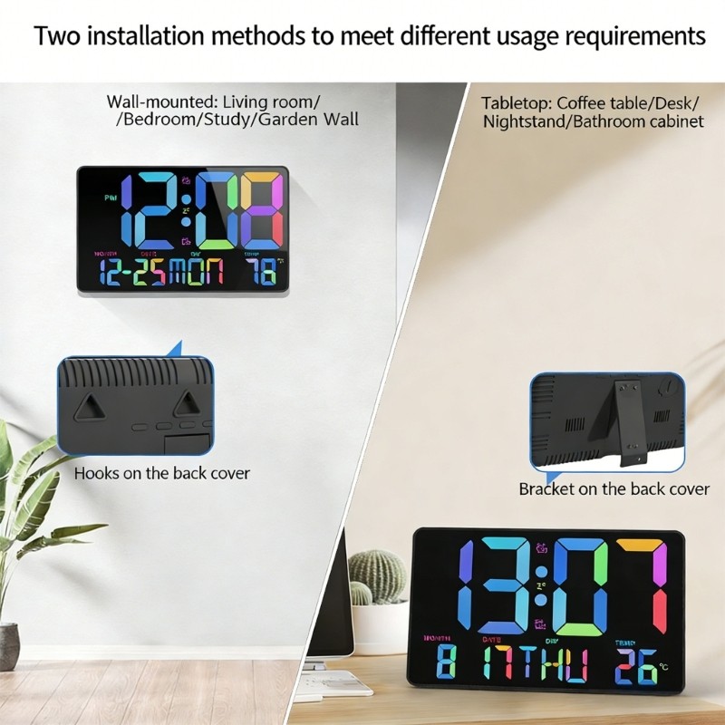 Digital Wall Clock Wall Clocks with Colors Changing Alarm Clock Remote Control