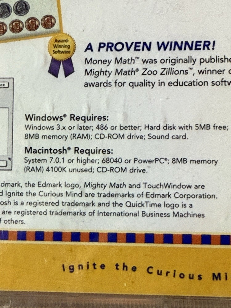 NEW Money Math Ages 5-8 Years Brain Bytes PC CD-ROM Essential Skills Mac Windows