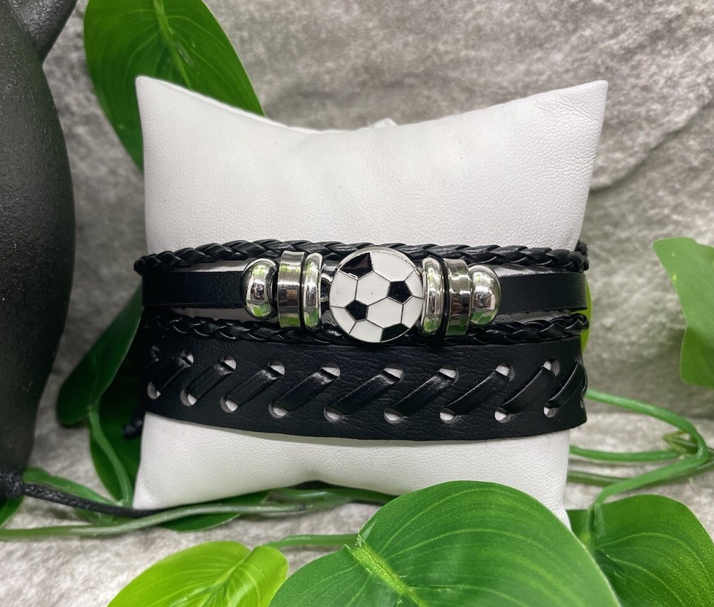 2 PC Soccer Leather Bracelet Stackable Adjustable Tie New Free Ship B2808