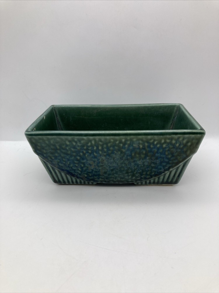 Vintage USA Pottery #75 Rectangular Iridescent Green Planter Footed Embossed