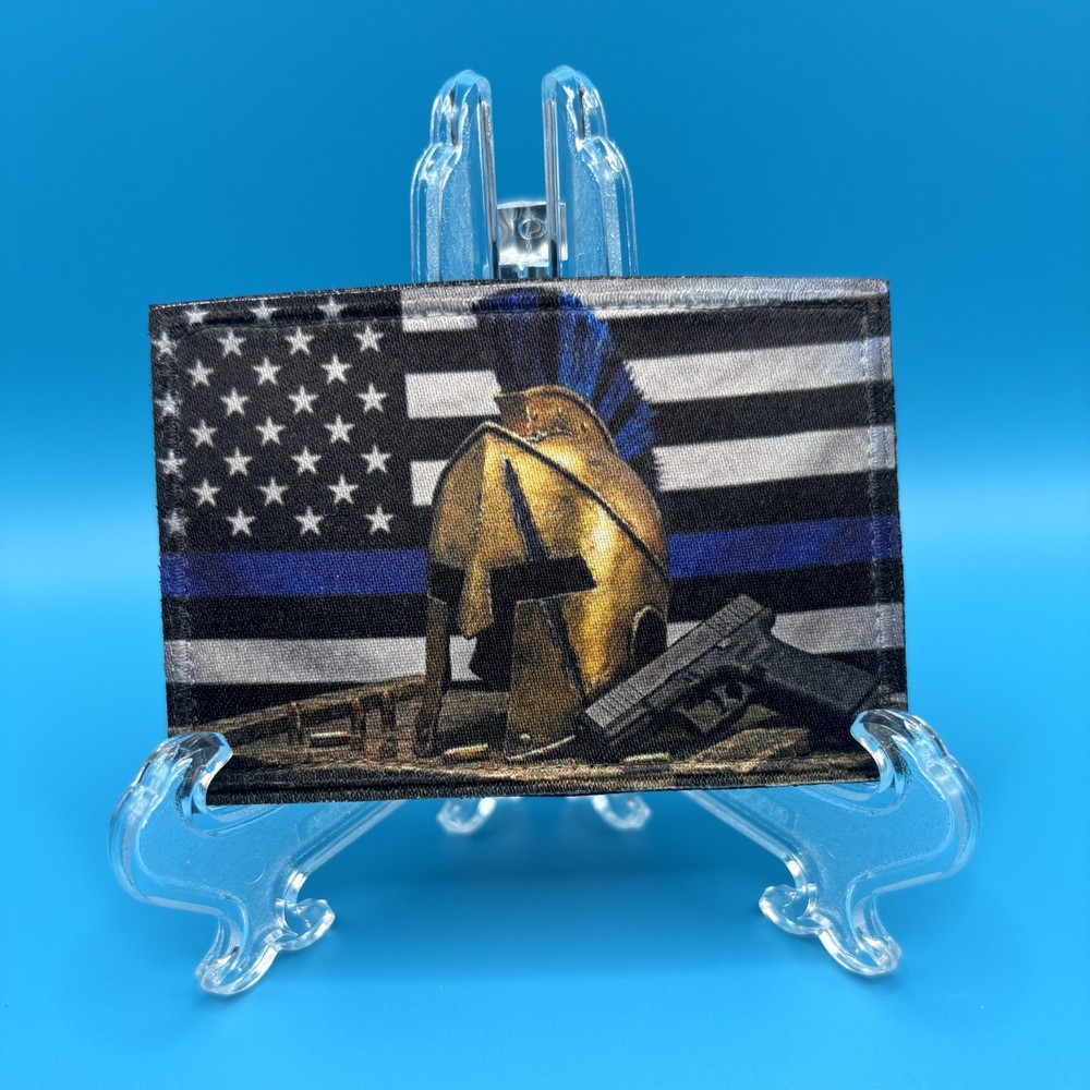 Thin Blue LINE Spartan Moral Tactical Military USA Flag Hook Patch 3x2