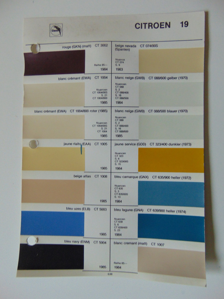 Original Glasurit Citroen Paint Chips Sheet - 1983-1985