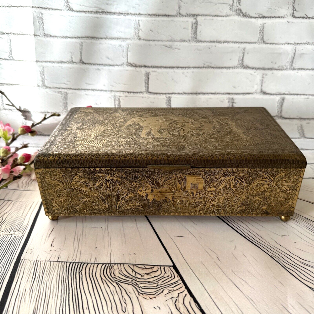 HAND TOOLED ENGRAVED SOLID BRASS STASH BOX CHEST ELEPHANT OX LION ELK HUNTER