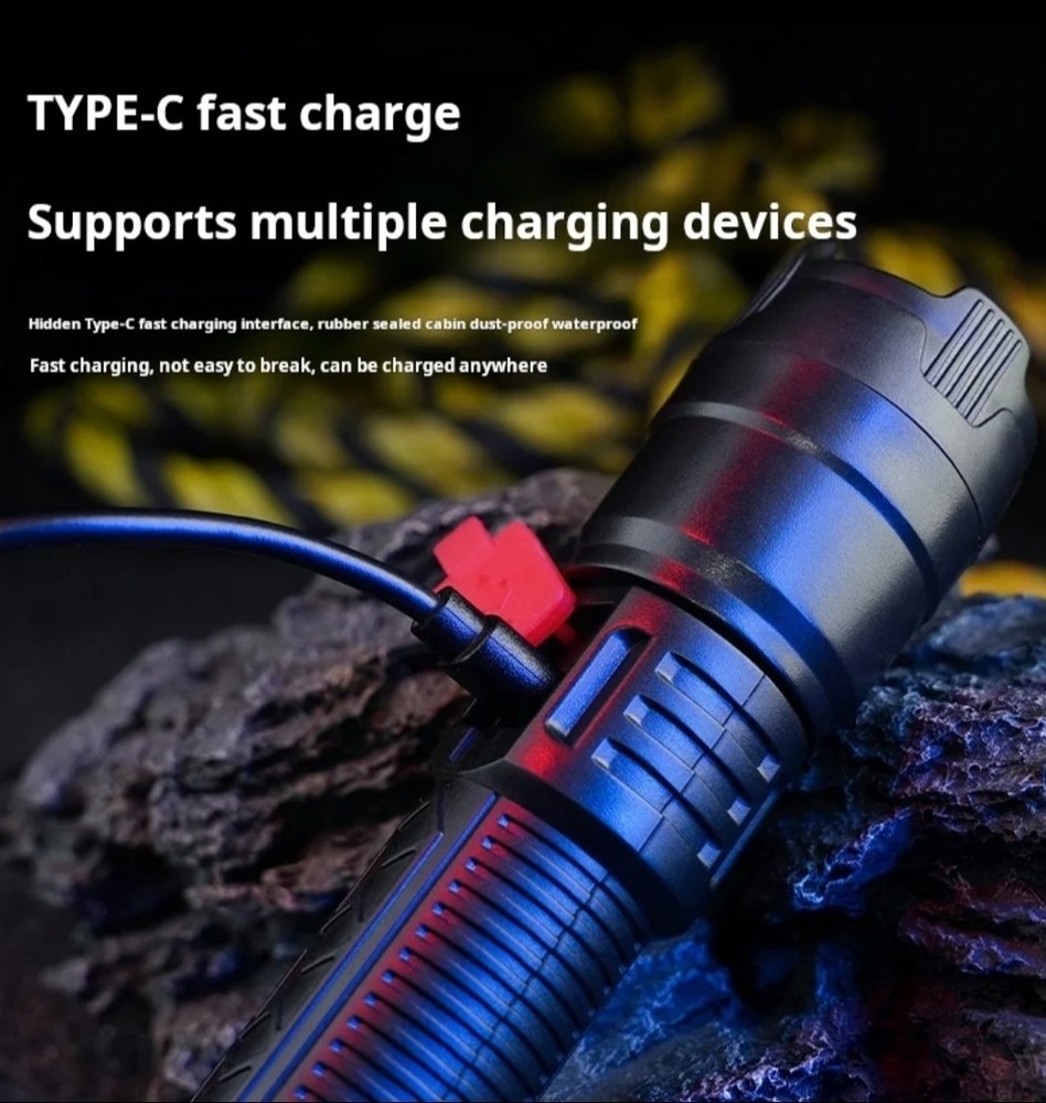 Led Flashlight With Display Light Type C USB Charging Built-in Battery