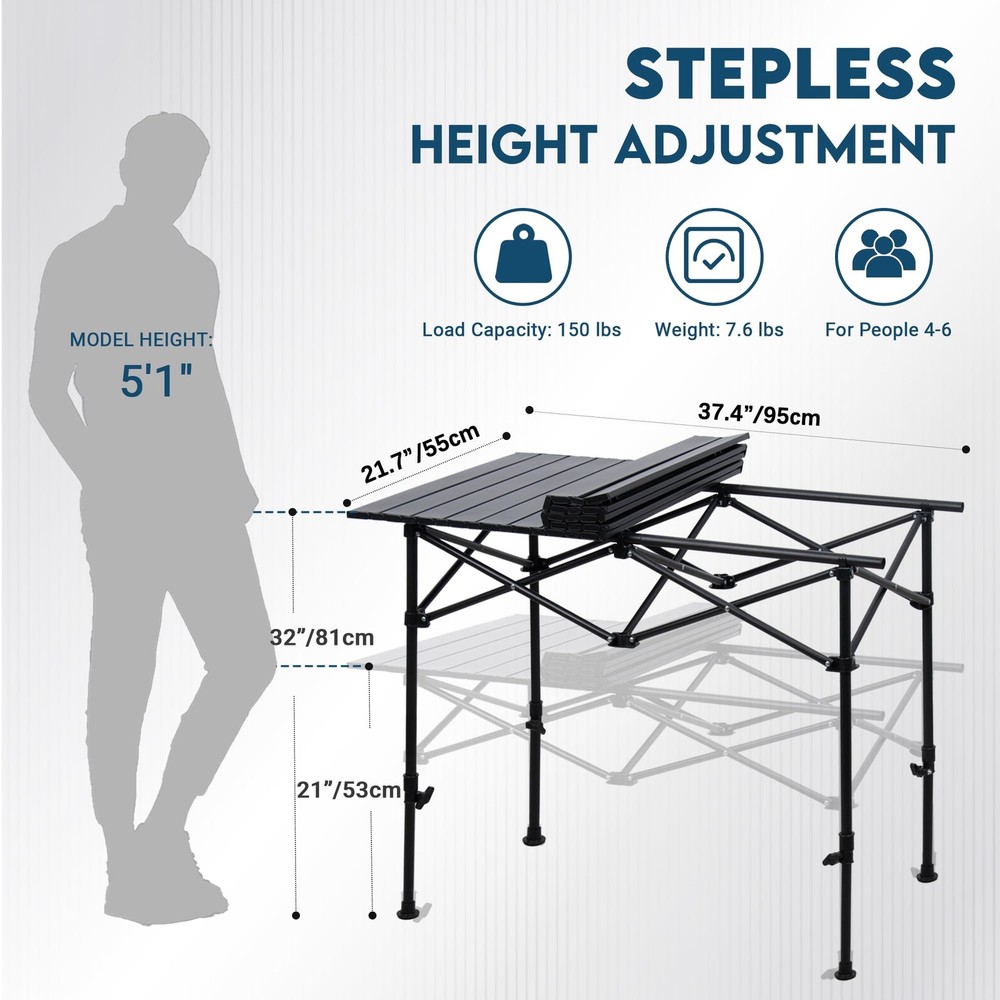 Folding Camping Table, Adjustable Height Aluminum Camp Table with Roll Up Top...