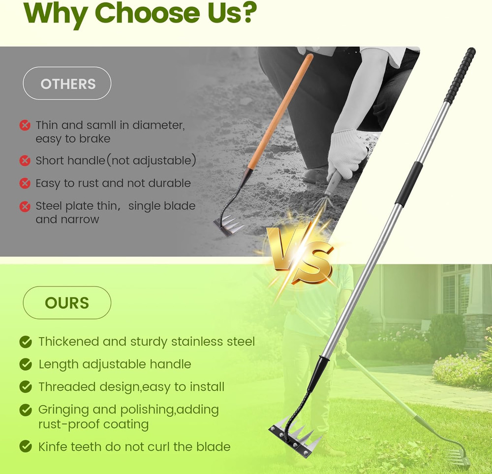 Iron Weeding Rake with Long Handle - Upgraded 5 Teeth Weed Puller Tool, Heavy Du