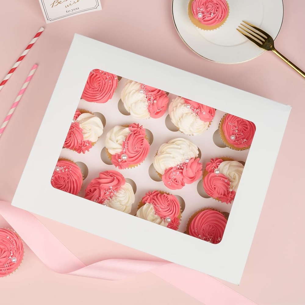 12 Count Cupcake Boxes, 4 Pack Auto-Popup White Cupcake Containers with Window a