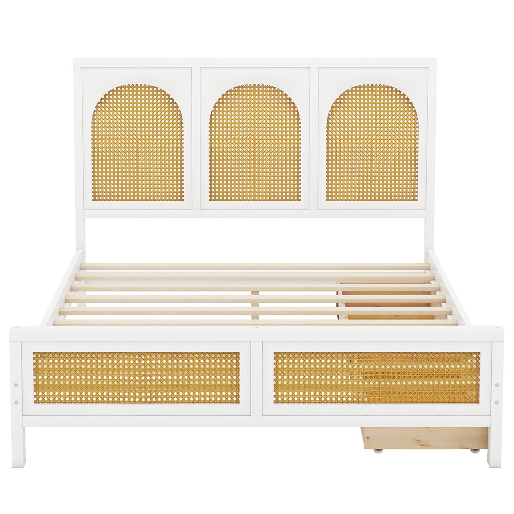 Full Size Bed Frame Wood Platform Bed Frame with Headboard & 2 Drawers White
