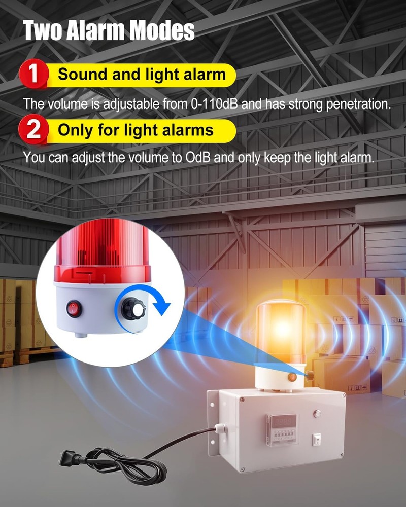 Cycle Timer Alarm, 0–110dB Adjustable Volume with Flashing Light, Dual Mod