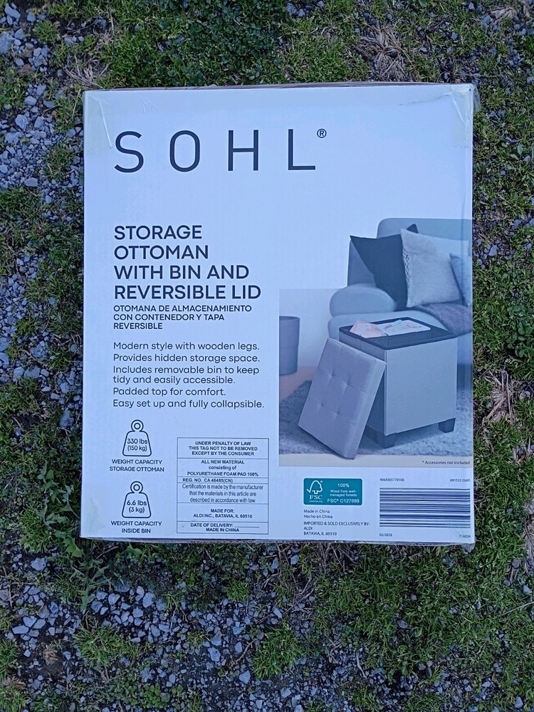 SOHL Storage Ottoman w/ Bin & Reversible Lid, Foldable Cube Seat Hidden Storage