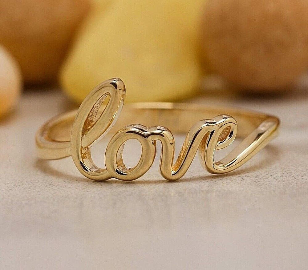 Real 14K Solid Gold Love Ring, Script Love Ring, Dainty Love Ring