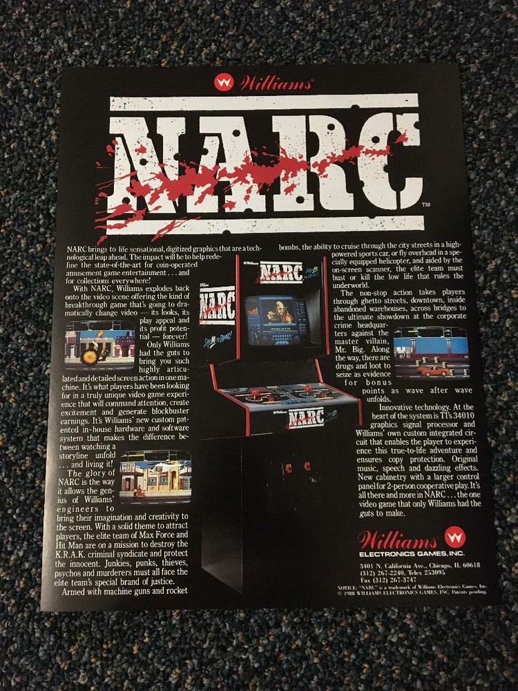 1989 WILLIAMS NARC VIDEO GAME PROMO FLYER