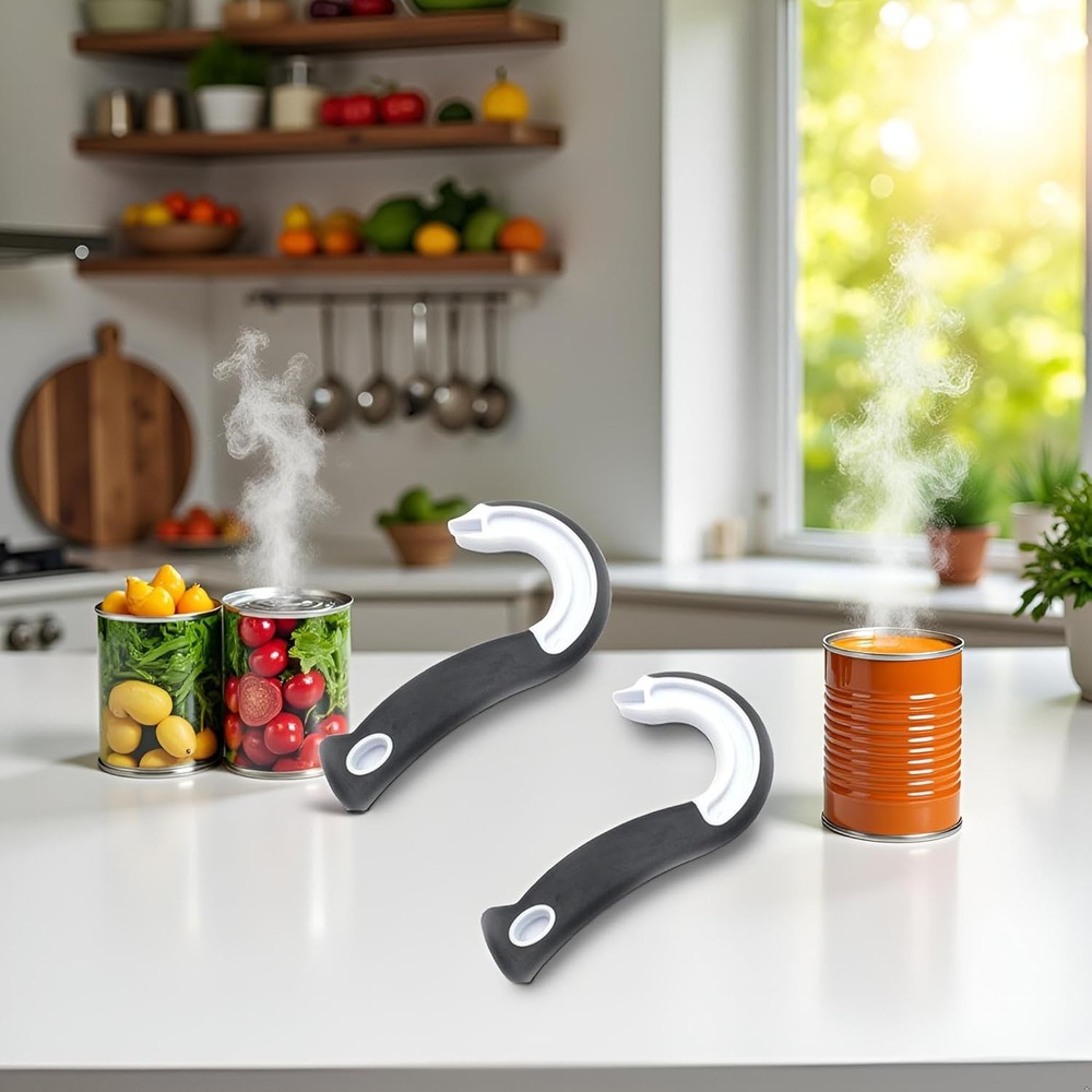 2 Pack Black Manual J Shape Can Opener - Stainless Steel Ring Pull Design