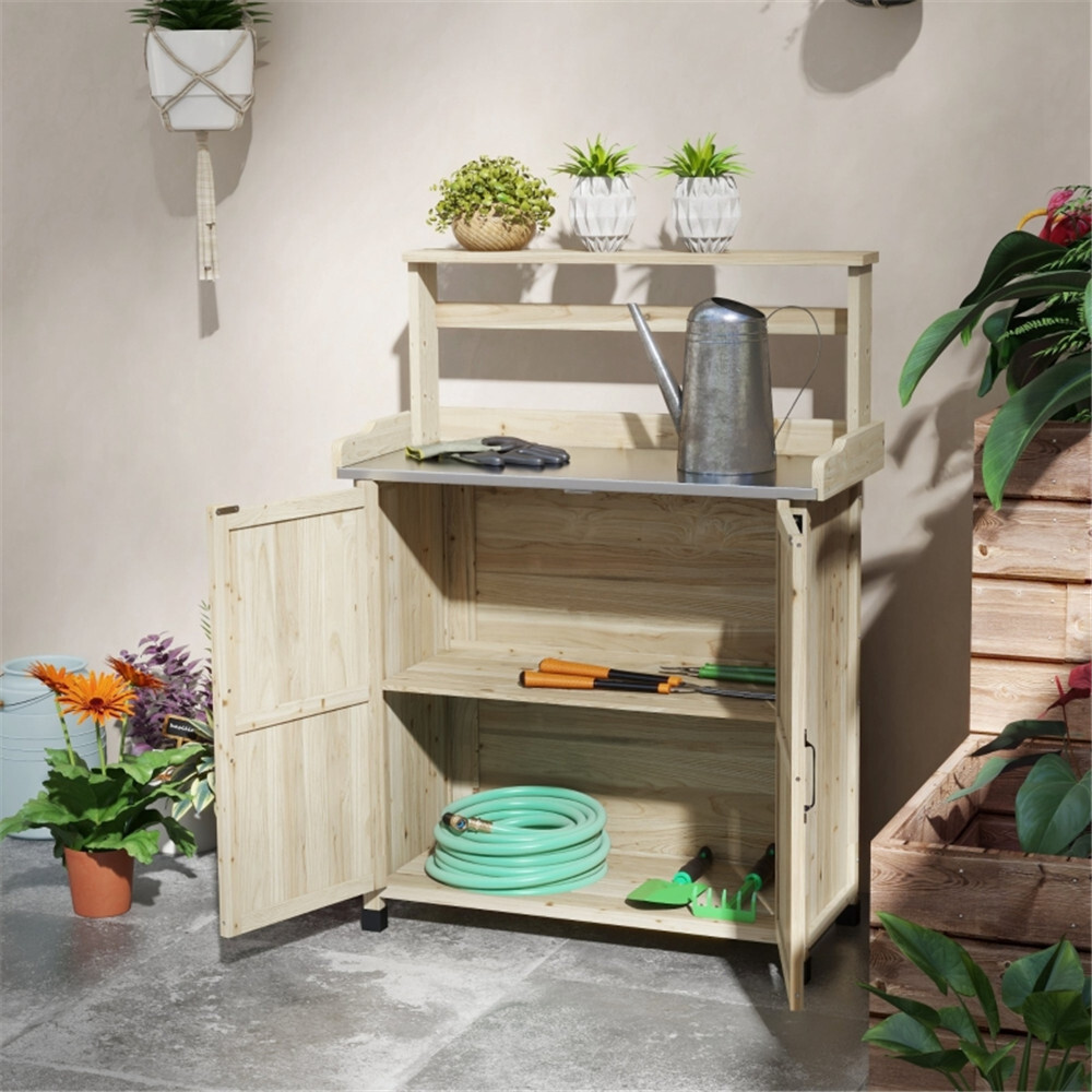Potting Bench with Storage Cabinet Natural
