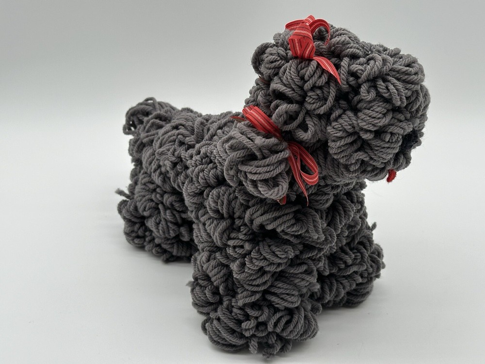 Handmade Gray Yarn Dog With Red Ribbons