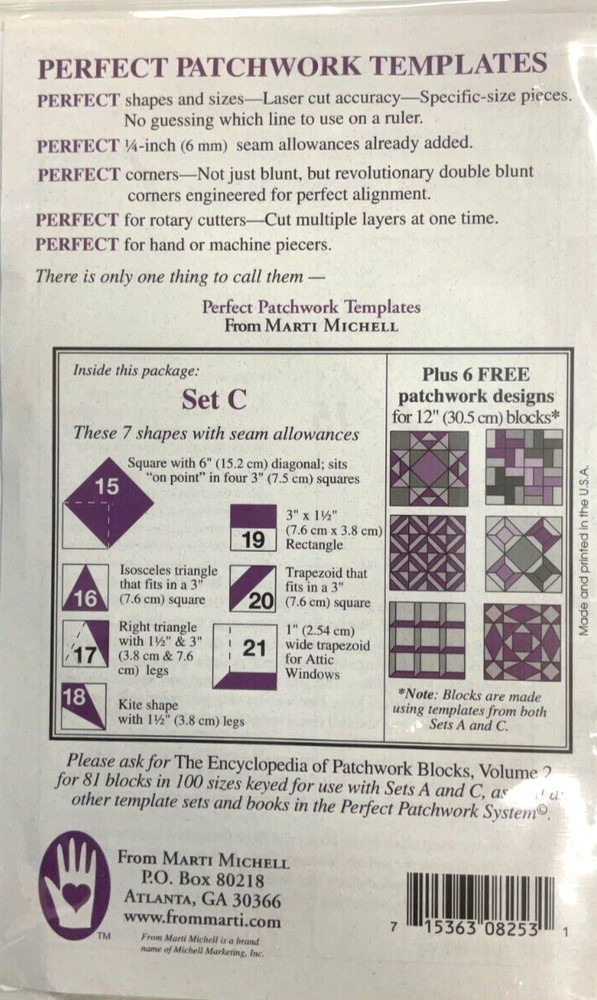 MARTI MICHELL #8253 PERFECT PATCHWORK TEMPLATES, SET C, 3" SQUARE BONUS SET
