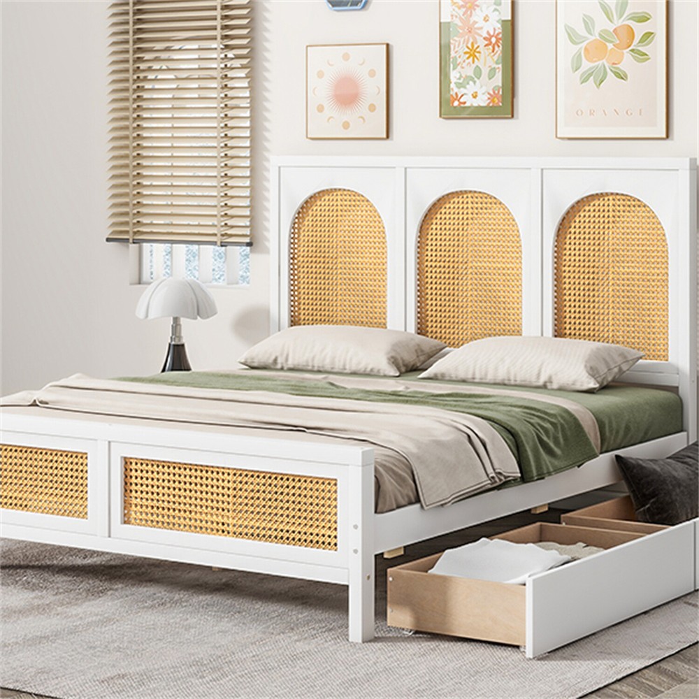 Full Size Bed Frame Wood Platform Bed Frame w/ Headboard & 2 Drawer White