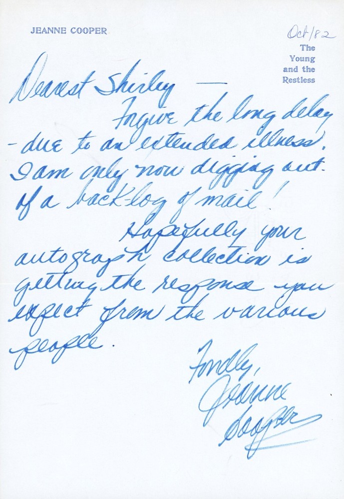 Jeanne Cooper Autograph Letter Signed - 1982