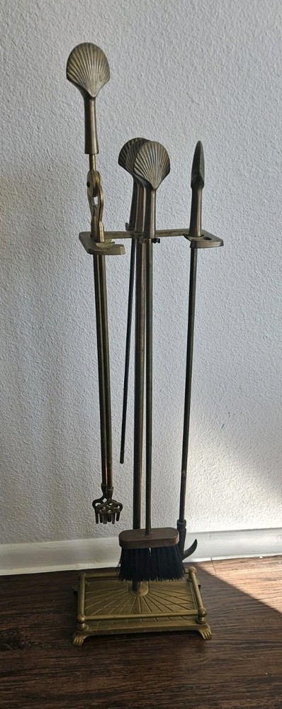 Vintage Solid Brass Fireplace Tool 5-Pc Set Scallop Shell Finial, Nautical, MCM
