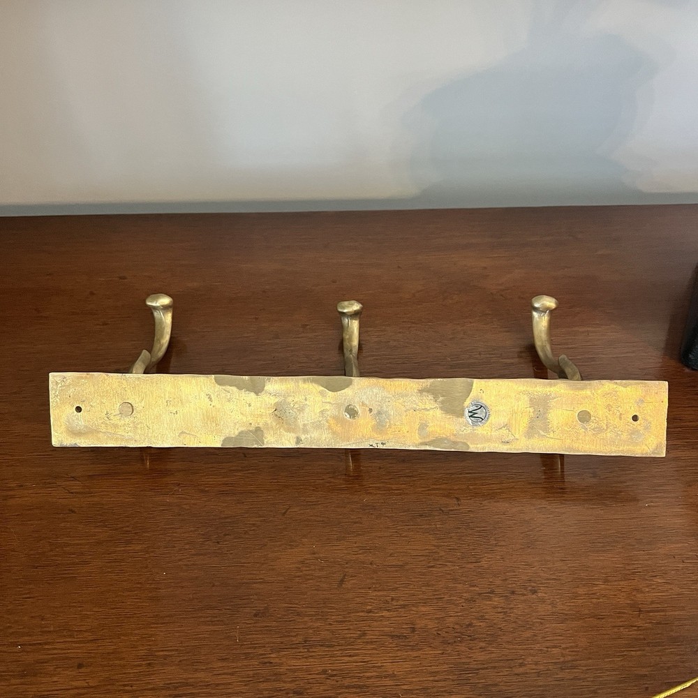 Vintage Solid Brass Wall Coat Rack 3 Hook Hat Rack Hammered Brass 15 Inch