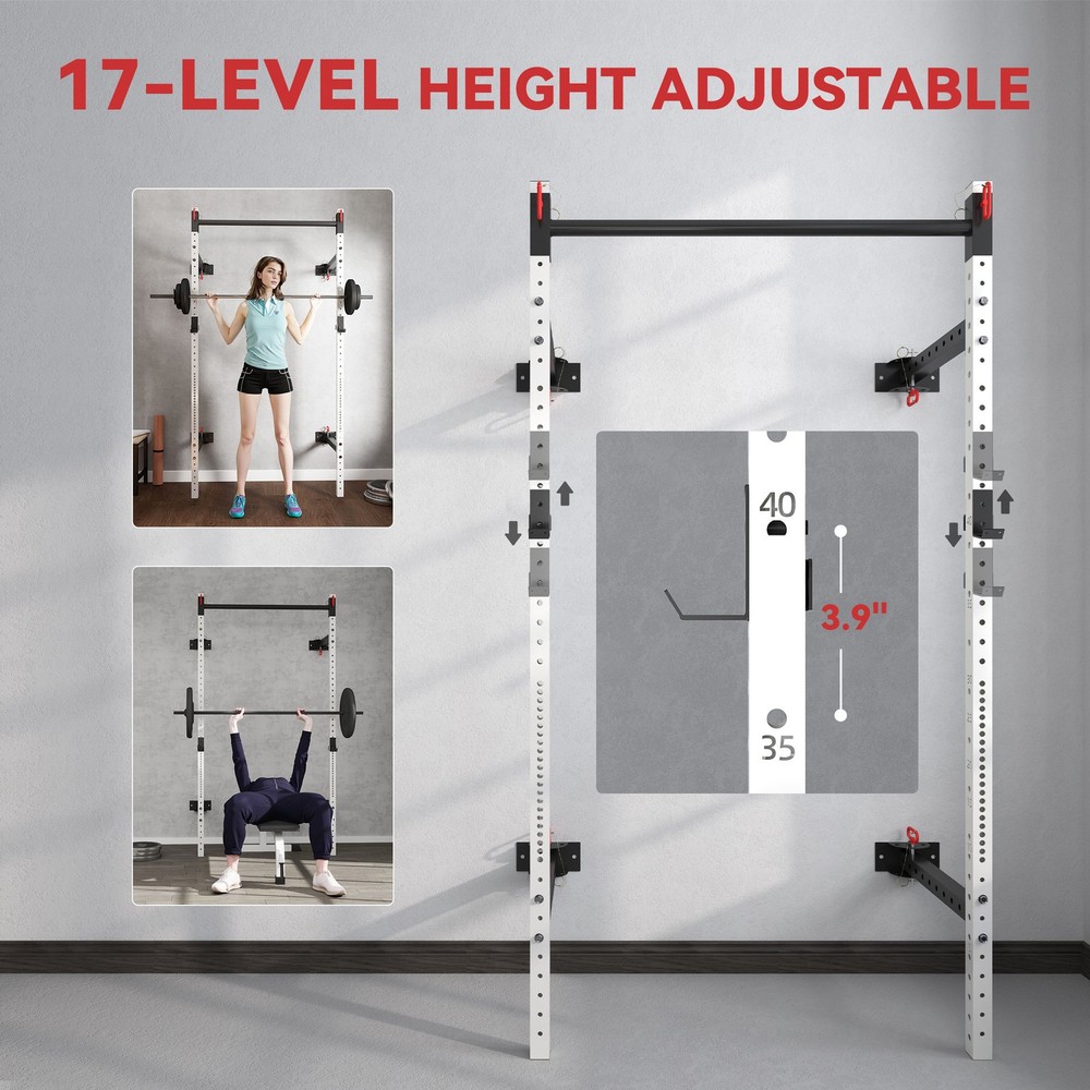 Folding Squat Rack with Pull Up Bar Wall Mounted and Adjustable Power Rack White