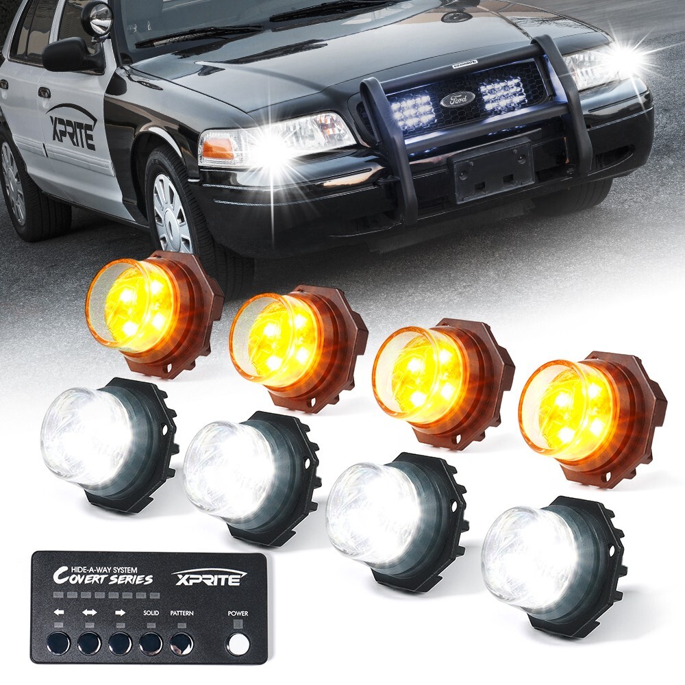 Hide-A-Way LED Strobe Lights Kit White Amber Hazard Headlight w/ Control Panel