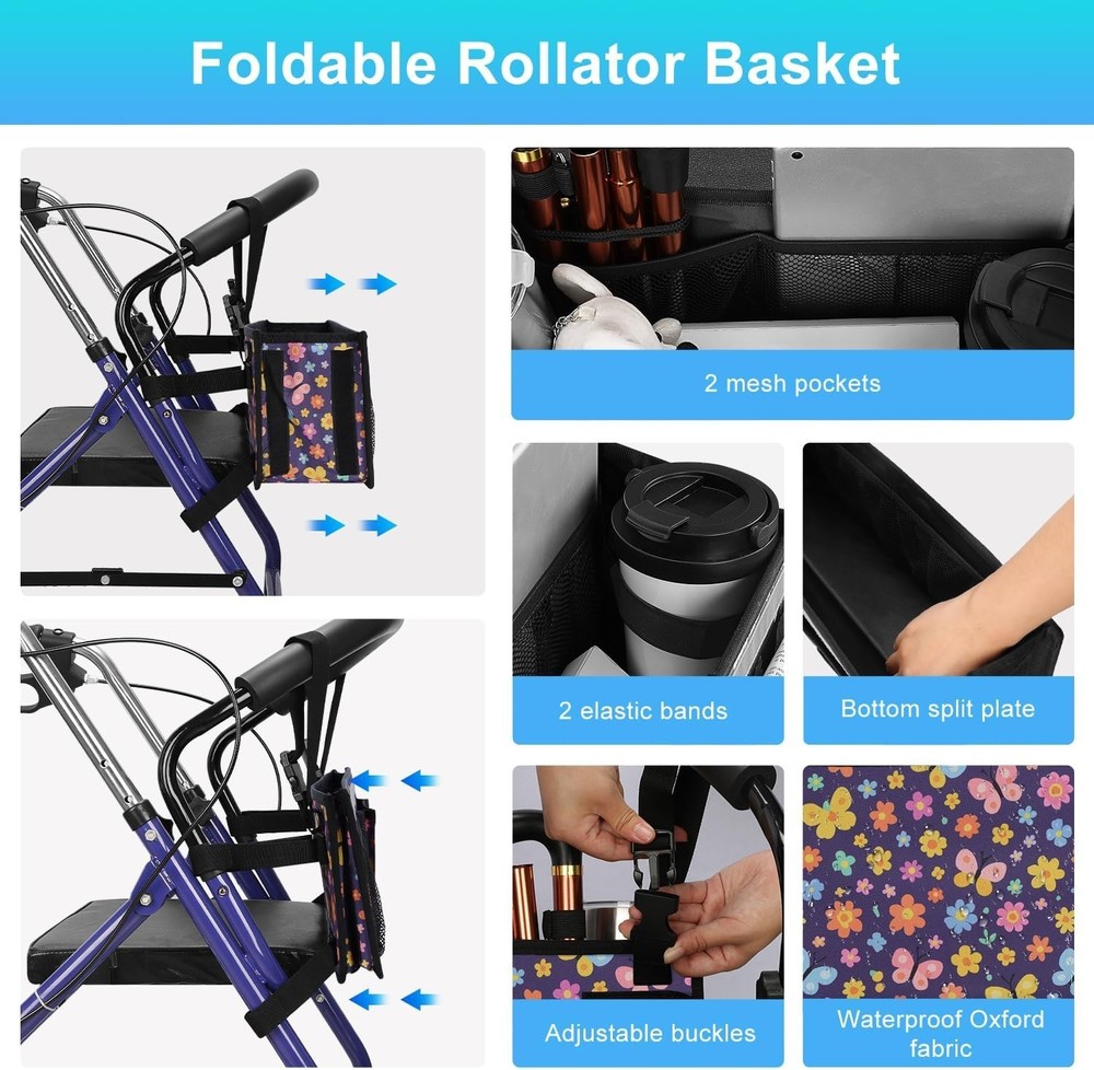 Rollator Basket, Rollator Walker Bag w/Cup Holder, Foldable Rolling Walker Wa...