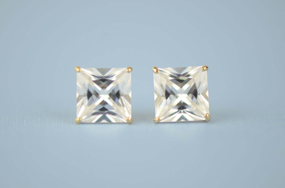 14k solid yellow gold square clear CZ basket set stud earrings 3mm-10mm