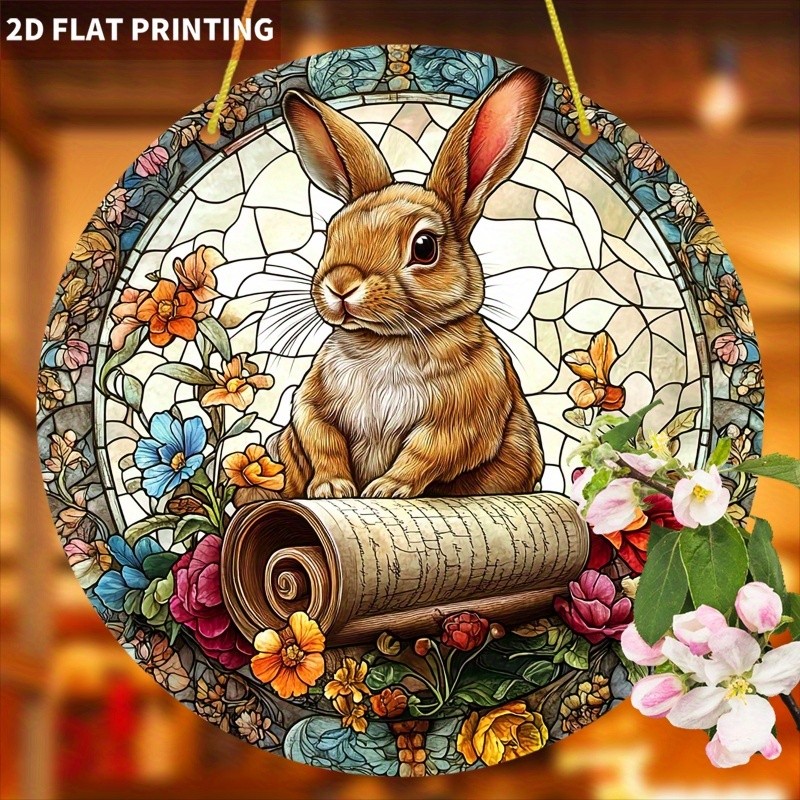 Bunny With Scroll Acrylic Suncatcher Floral Pattern Easter Window Hanging Decor