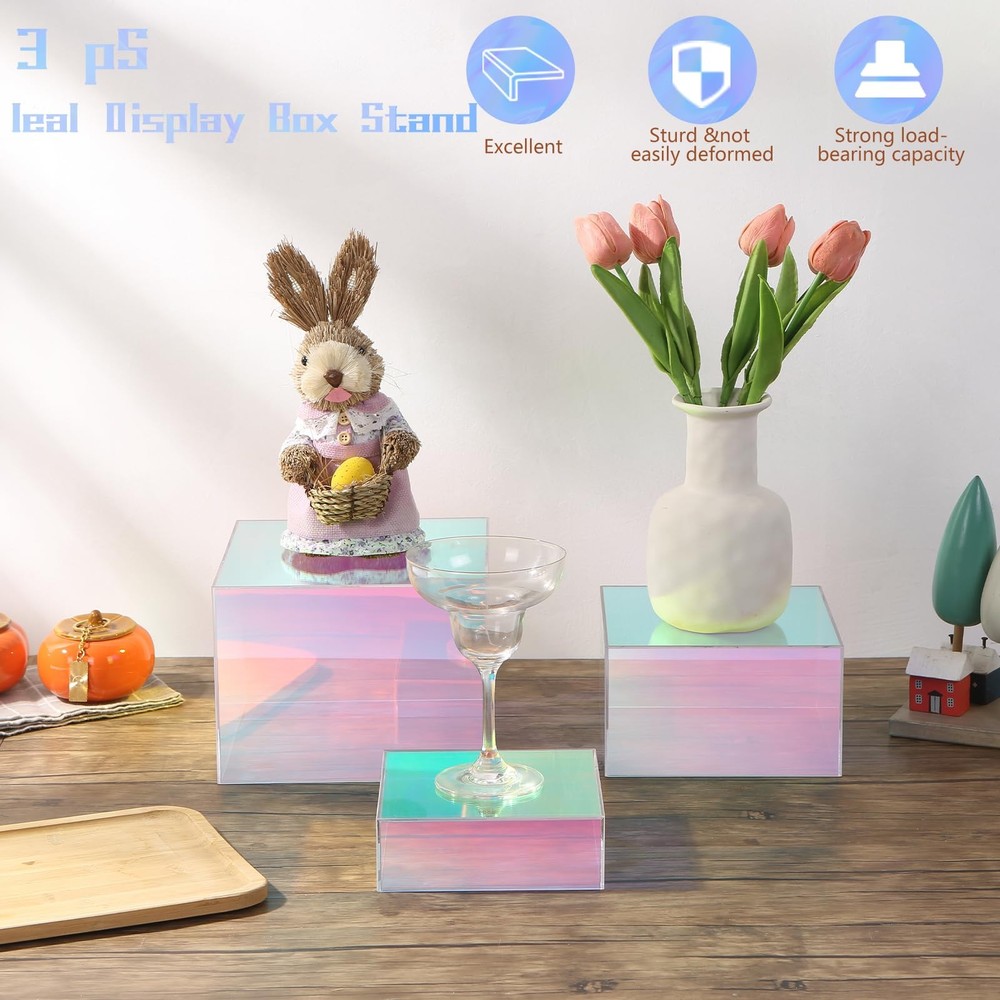 Iridescent Acrylic Cubes Display , 3pcs Stackable Risers Display Stands, Rain...