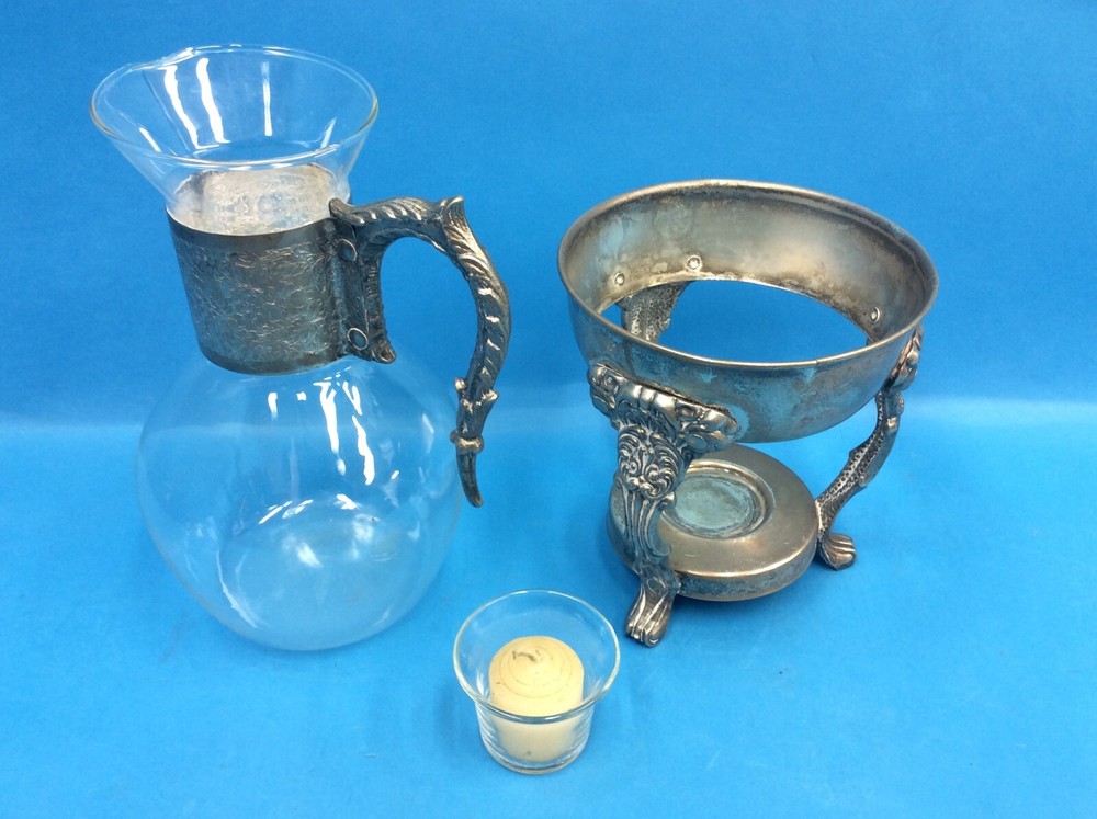 Silverplate Three Legged Glass Coffee Tea Carafe with Heating Stand