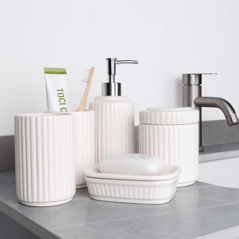 White Bathroom Accessory Set 5PCS,Ceramic Bathroom Accessory Set