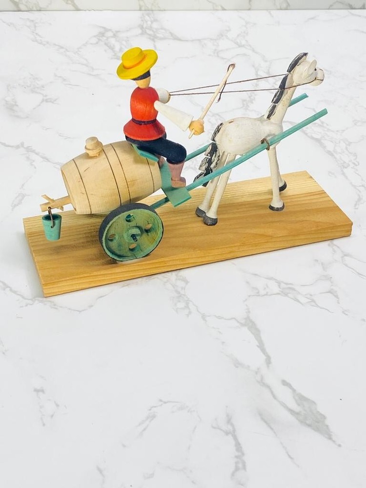 Vintage Handmade Horse Pulling a driver and Whiskey Barrel