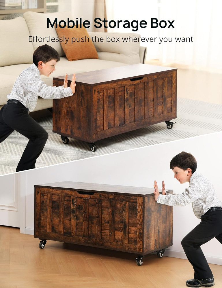 Rustic Wooden Storage Chest with Wheels & Hinges, 300 Lbs Capacity, Easy Assembl