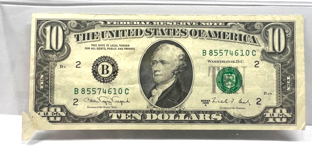 1988-A $10 FRN PRINTED FOLD OVER CURRENCY NOTE ERROR--NICE CONDITION