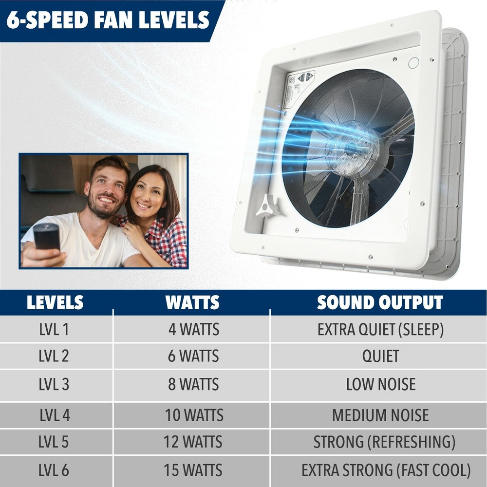 Leisure Coachworks RV Roof Vent Fan 6 Speed 12 Volt with Smoked Lid Manual Riser