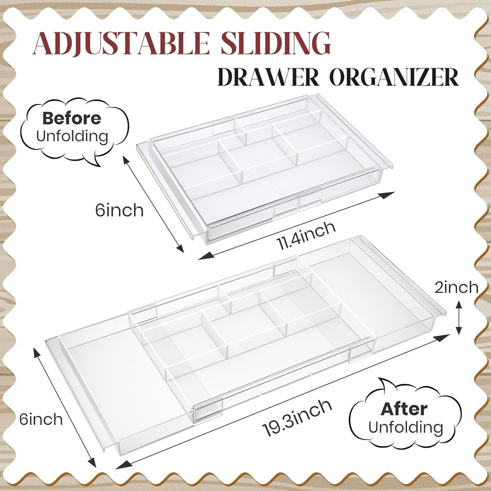 2Pack Shallow Expandable Drawer Organizer, Adjustable 12.5”–20” Clear Plastic Dr
